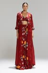 Studio Surbhi_Maroon Georgette, Satin, Organza Garden Print Jacket And Kalidar Skirt Set _at_Aza_Fashions