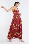 Buy_Studio Surbhi_Maroon Cotton, Silk Scoop Neck Garden Pattern Dress _at_Aza_Fashions
