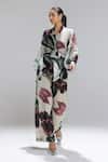 Buy_Studio Surbhi_Beige Organza V-neck Abstract Print Jacket And Pant Set _at_Aza_Fashions