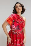 Shop_Studio Surbhi_Red Georgette, Satin Embroidery, Beads One Shoulder Draped Blouse And Skirt Set _at_Aza_Fashions