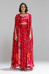 Shop_Studio Surbhi_Red Georgette, Satin Open Neck, Flora Pattern Shrug And Flared Skirt Set _at_Aza_Fashions