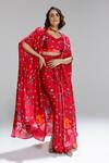 Buy_Studio Surbhi_Red Georgette, Satin Open Neck, Flora Pattern Shrug And Flared Skirt Set _at_Aza_Fashions