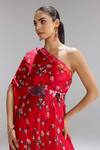 Shop_Studio Surbhi_Fuchsia Georgette, Satin Beads, Embroidery One Shoulder Flared Gown _at_Aza_Fashions