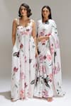 Shop_Studio Surbhi_White Georgette, Satin V-neck Flora Print Saree With Blouse _Online_at_Aza_Fashions