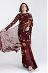 Shop_Studio Surbhi_Maroon Organza, Satin, Georgette Round Neck Flower Print Saree With Blouse _at_Aza_Fashions