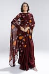 Buy_Studio Surbhi_Maroon Organza, Satin, Georgette Round Neck Flower Print Saree With Blouse _at_Aza_Fashions