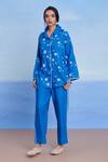 Buy_Saphed_Blue Linen Embroidery Collared Santorini Oversized Shirt Set _Online_at_Aza_Fashions