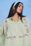 Saphed Green Linen Embroidery Collared Pista Oversized Shirt at Aza Fashions Saphed_Green Linen Embroidery Collared Pista Oversized Shirt _at_Aza_Fashions