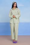 Buy Saphed Green Linen Embroidery Collared Pista Oversized Shirt Set at Aza Fashions Buy_Saphed_Green Linen Embroidery Collared Pista Oversized Shirt Set _at_Aza_Fashions