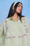 Saphed Green Linen Embroidery Collared Pista Oversized Shirt Set at Aza Fashions Saphed_Green Linen Embroidery Collared Pista Oversized Shirt Set _at_Aza_Fashions