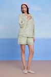 Saphed Green Linen Embroidery V-neck Pista Billow Shorts Set Online at Aza Fashions Saphed_Green Linen Embroidery V-neck Pista Billow Shorts Set _Online_at_Aza_Fashions