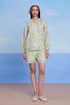 Buy Saphed Green Linen Embroidery V-neck Pista Billow Shorts Set at Aza Fashions Buy_Saphed_Green Linen Embroidery V-neck Pista Billow Shorts Set _at_Aza_Fashions