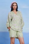 Shop Saphed Green Linen Embroidery V-neck Pista Billow Shorts Set Online at Aza Fashions Shop_Saphed_Green Linen Embroidery V-neck Pista Billow Shorts Set _Online_at_Aza_Fashions
