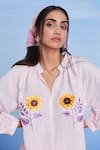 Saphed Pink Linen Embroidery Split V-neck Fleur Billow Top Online at Aza Fashions Saphed_Pink Linen Embroidery Split V-neck Fleur Billow Top _Online_at_Aza_Fashions