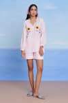 Buy_Saphed_Pink Linen Embroidery Split V-neck, Mandarin Collar Fleur Billow Shorts Set _at_Aza_Fashions
