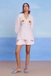 Buy_Saphed_Pink Linen Embroidery Split V-neck, Mandarin Collar Fleur Billow Shorts Set _Online_at_Aza_Fashions