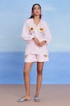 Shop_Saphed_Pink Linen Embroidery Split V-neck, Mandarin Collar Fleur Billow Shorts Set _Online_at_Aza_Fashions