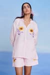 Saphed_Pink Linen Embroidery Split V-neck, Mandarin Collar Fleur Billow Shorts Set _at_Aza_Fashions