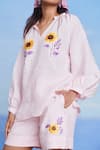 Buy_Saphed_Pink Linen Embroidery Split V-neck, Mandarin Collar Fleur Billow Shorts Set 