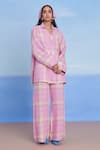 Saphed_Pink Linen Embroidery Cassata Blazer Shirt _Online_at_Aza_Fashions