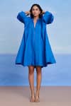 Shop_Saphed_Blue Linen Tassels V-neck Santorini Lace Panelled Dress _Online_at_Aza_Fashions