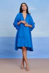 Buy_Saphed_Blue Linen Tassels V-neck Santorini Lace Panelled Dress _at_Aza_Fashions
