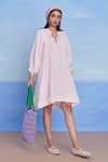 Shop_Saphed_Pink Linen Lace, Tassels Split V-neck Fleur Panelled Dress _at_Aza_Fashions
