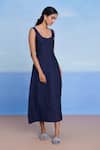 Buy_Saphed_Navy Linen Scoop Neck Neel Denim Panelled Dress _Online_at_Aza_Fashions