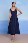 Shop_Saphed_Navy Linen Scoop Neck Neel Denim Panelled Dress _Online_at_Aza_Fashions