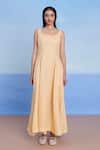 Saphed_Yellow Linen Scoop Neck Butterscotch Dress _Online_at_Aza_Fashions