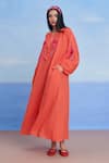Saphed_Orange Linen Embroidery, Tassels Keyhole Neck Tangerine Puff Sleeves Dress _Online_at_Aza_Fashions