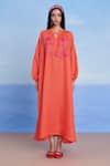 Buy_Saphed_Orange Linen Embroidery, Tassels Keyhole Neck Tangerine Puff Sleeves Dress _Online_at_Aza_Fashions