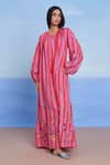 Saphed_Pink Linen Embroidery Keyhole Neck Amalfi Puff Sleeves Dress _Online_at_Aza_Fashions