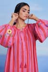 Saphed_Pink Linen Embroidery Keyhole Neck Amalfi Puff Sleeves Dress _at_Aza_Fashions