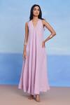 Buy_Saphed_Lilac Linen V-neck Flared Dress _at_Aza_Fashions