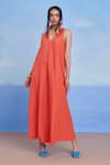 Buy_Saphed_Orange Linen V-neck Tangerine Flared Dress _at_Aza_Fashions