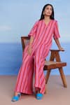 Shop_Saphed_Pink Linen V-neck Amalfi Half Sleeves Flared Jumpsuit _Online_at_Aza_Fashions