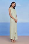 Saphed_Green Linen Round Neck Pista Drape Dress _Online_at_Aza_Fashions