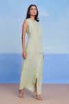 Saphed_Green Linen Round Neck Pista Drape Dress _at_Aza_Fashions