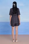 Shop_Saphed_Charcoal Linen Collared, V-neck Graphite Denim Front Tie Jacket And Shorts Set _at_Aza_Fashions