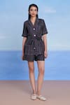 Saphed_Charcoal Linen Collared, V-neck Graphite Denim Front Tie Jacket And Shorts Set _Online_at_Aza_Fashions