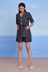 Buy_Saphed_Charcoal Linen Collared, V-neck Graphite Denim Front Tie Jacket And Shorts Set _Online_at_Aza_Fashions