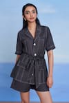 Shop_Saphed_Charcoal Linen Collared, V-neck Graphite Denim Front Tie Jacket And Shorts Set _Online_at_Aza_Fashions
