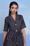 Saphed_Charcoal Linen Collared, V-neck Graphite Denim Front Tie Jacket And Shorts Set _at_Aza_Fashions