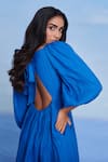 Shop_Saphed_Blue Linen Sweetheart Neck Santorini Front Twist Dress _at_Aza_Fashions