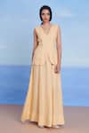 Saphed_Yellow Linen V-neck Butterscotch Vest _Online_at_Aza_Fashions