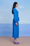 Saphed_Blue Linen V-neck Santorini Wrap Billow Dress _Online_at_Aza_Fashions