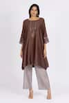 Buy_Bhavik Shah_Brown Chanderi , Cotton, Metallic Kaamdani Embellished Kimono Kurta Set _at_Aza_Fashions