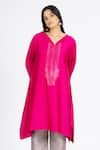 Shop_Bhavik Shah_Pink Chanderi , Cotton, Kaamdani Placket Embellished Kimono Kurta Set _Online_at_Aza_Fashions