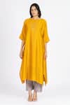 Buy_Bhavik Shah_Yellow Chanderi , Cotton, Kaamdani Embellished Kimono Kurta And Pant Set _at_Aza_Fashions